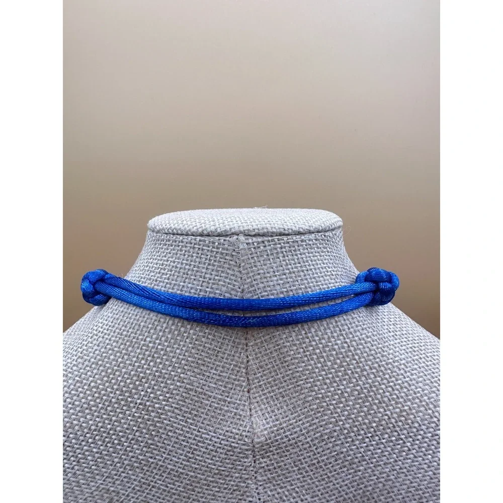 Blue Knotted Cord Necklace Silver Tone Spacer Beads Boho Festival Statement Gift